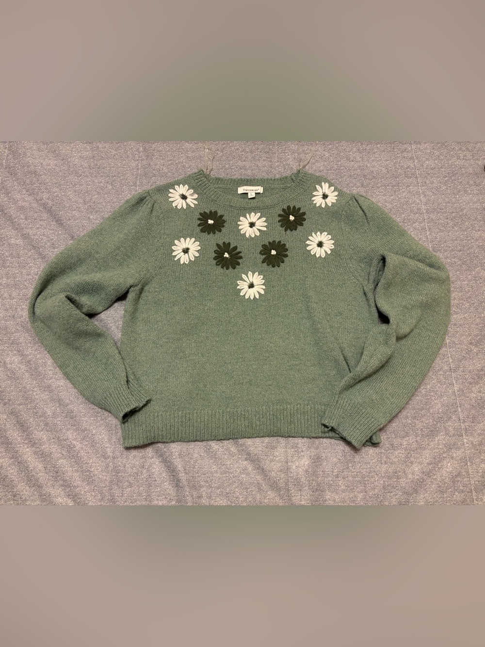 Francesca’s Collection Sage Green Daisy Flower Appliqué’s Crew Sweater